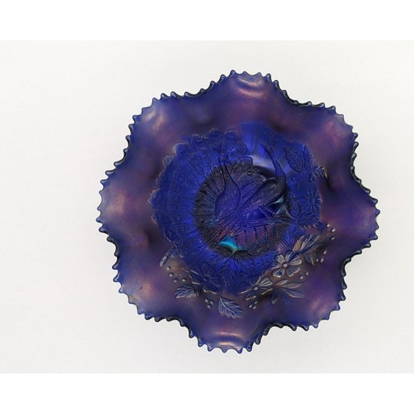 Vintage Northwood Peacocks on Fence Electric Blue Bowl Ruffle Sawtooth - Picture 2 of 16